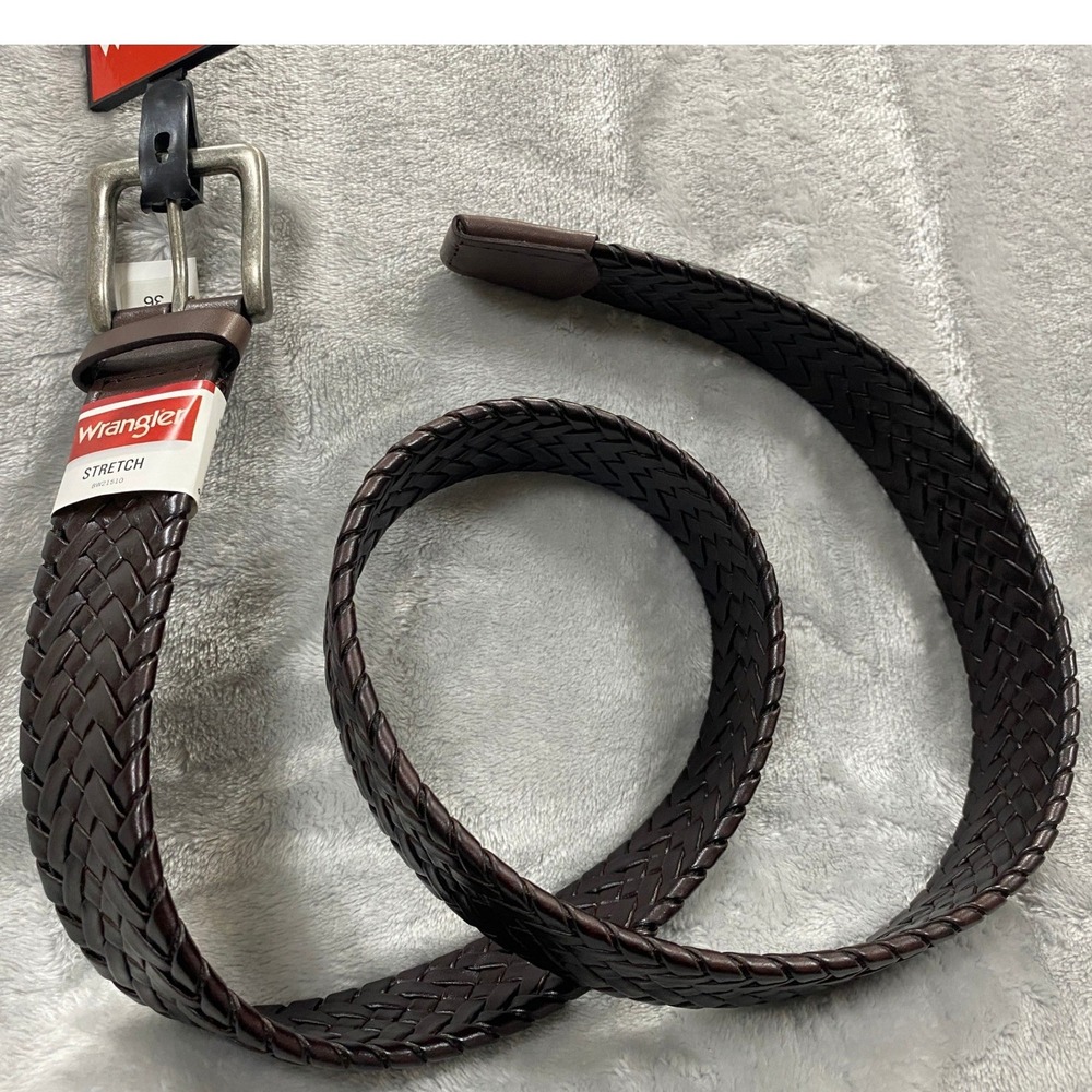 Wrangler Braided Leather Belt Mens 36 Dark Brown Stretch Woven Silver BW21510